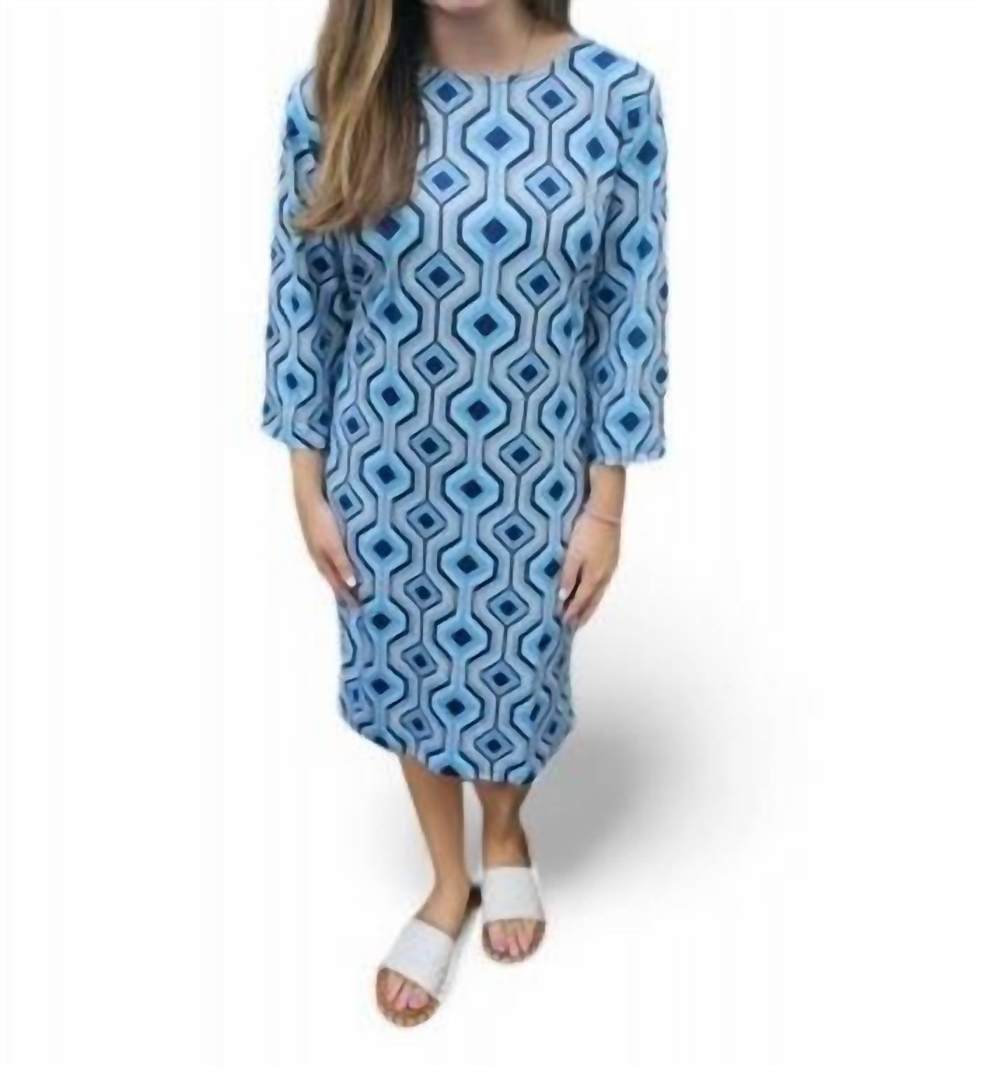 /khaki Kleid – geometrisches Muster, Blau