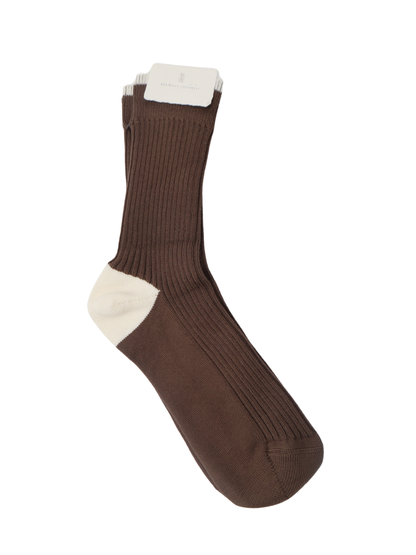 Brunello Cucinelli braune gerippte Herren-Baumwollsocken mit beigen Kontrastdetails