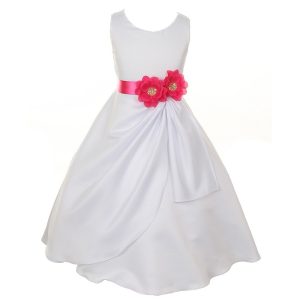Festliches Mädchenkleid aus mattem Satin mit Paillettenblumen – Weiß/Fuchsia, 2–6