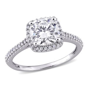 Mimi & Max 2ct DEW 1/4ct TW 14k Verlobungsring – synthetischer Moissanit, Weißgold, Diamant, Kissenschliff, Halo-Besatz