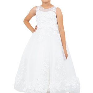 Blumenmädchenkleid mit transparentem Tüll-Oberteil, 3D-Blumen und transparenten Ärmeln, Größen 2–12