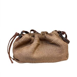 Brunello Cucinelli Damen-Stroh-Umhängetasche in Farro mit Leder, Perlenverzierung und Futter