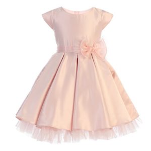 Rosa Mädchen-Osterkleid aus Satin mit durchgehenden Falten und großer Schleife, Größen 2–6