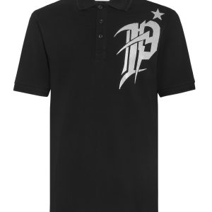 Kurzarm-Poloshirt, schmale Passform, Gothic Plein, mit Kristallen