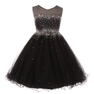 Schwarzes formelles Mädchen-Partykleid aus Tüll mit transparenten Details und funkelndem Strass, Größen 4–6