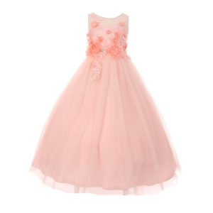 Altrosa Blumenmädchenkleid aus weichem Tüll mit 3-D-Blumen und transparenten Details, Größen 4–6