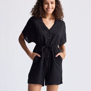 Kurzer Jumpsuit mit V-Ausschnitt und Tunnelzug – Schwarz