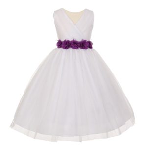 Big Flowers 8-14 Junior-Brautjungfernkleid – Chiffon, Lila, Tüll, Mädchen, Weiß