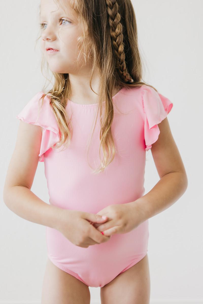Bubblegum Gymnastikbody – kurze Flügelärmel, Rosa
