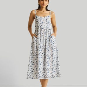 Midikleid – gerafft, Riemchen, Blumenmuster, Blau