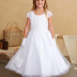 Mädchenkleid mit kurzen angeschnittenen Ärmeln, Spitzenapplikationen und Mesh-Überrock, Größen 2–16