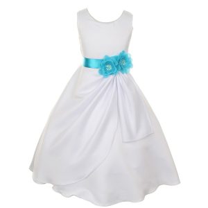 Festliches Mädchenkleid aus mattem Satin mit Paillettenblumen – Weiß/Türkis, 2–6