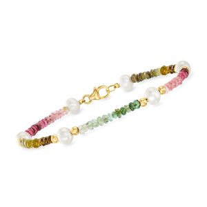 Ross-Simons Armband mit 5–5,5 mm Zuchtperlen, mehrfarbigen Turmalinperlen und 14-karätigem Gelbgold – 7748582637628