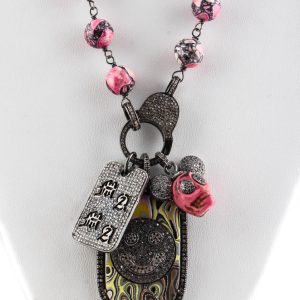 The Woods Damen-Halskette mit Diamant, rosa Achat und Smile-ID-Tag-Anhänger aus Sterlingsilber