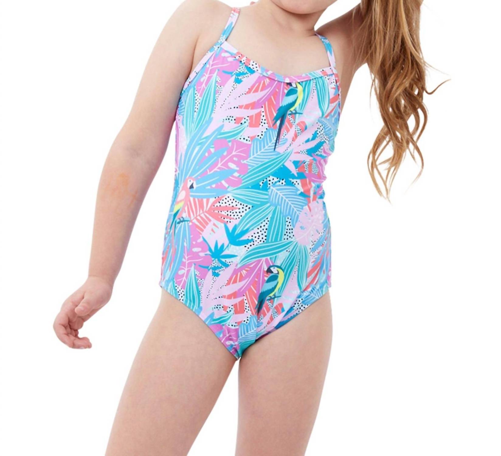 Mädchen-Badeanzug mit Rundhalsausschnitt – GTK Neon Palms – 7733806923836