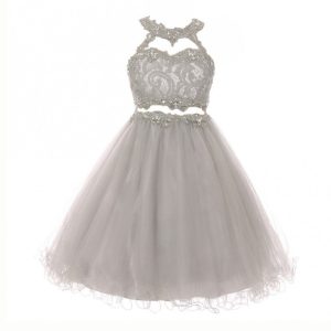 Silberfarbenes Kleid für junge Brautjungfern aus Spitze und Tüll mit Strass und Neckholder, Größen 8–20