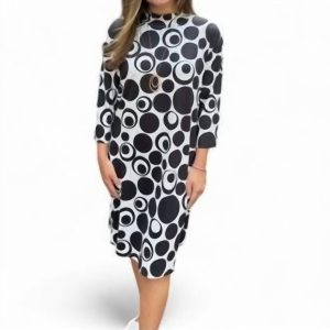 Kleid – Kreismuster, Stehkragen, Schwarz, Weiß