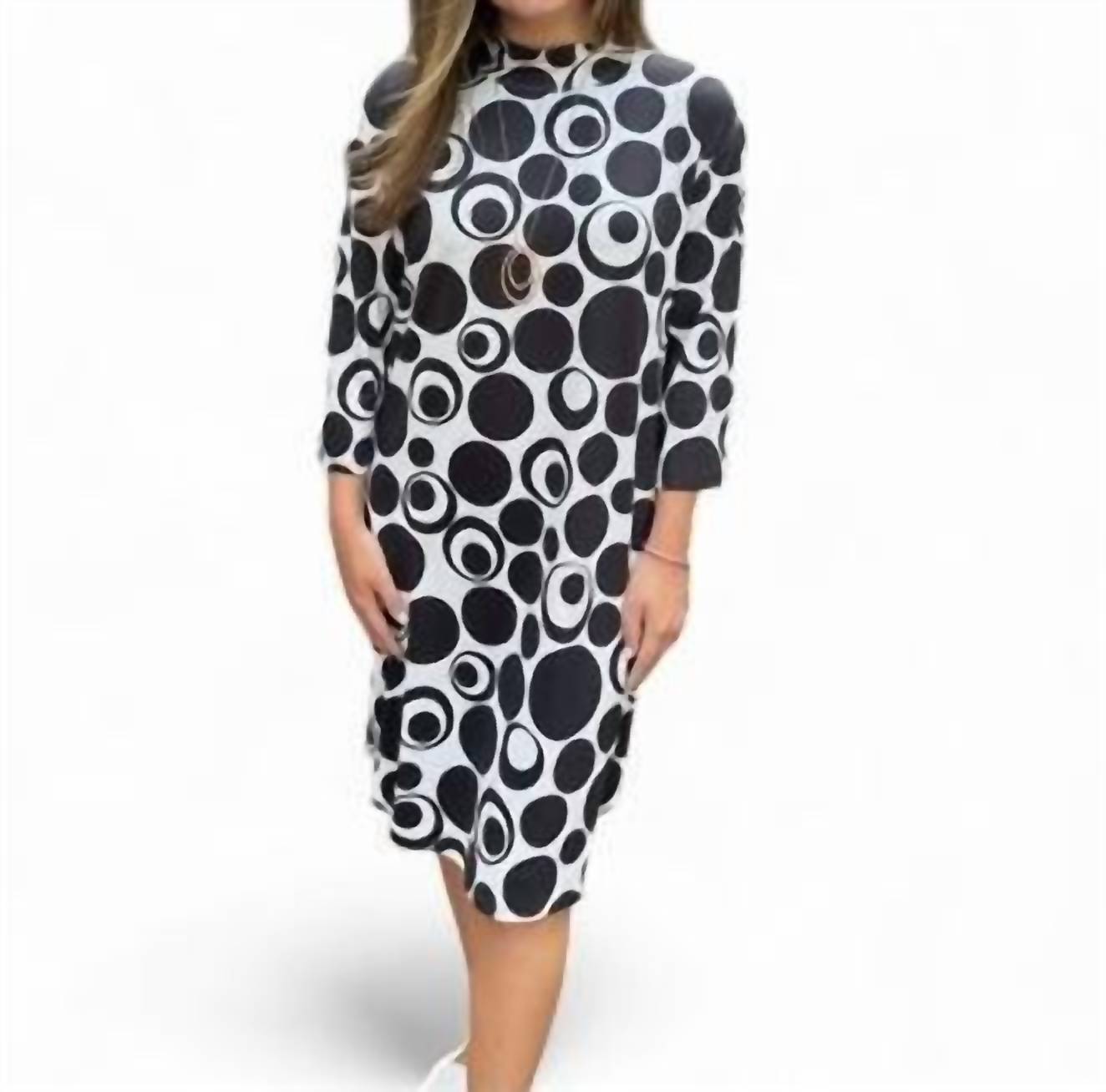 Kleid – Kreismuster, Stehkragen, Schwarz, Weiß
