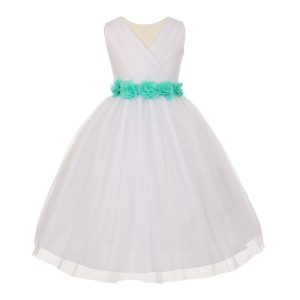 Weiß-Aqua Blumenmädchenkleid aus Tüll mit floraler Chiffonschärpe für kleine Mädchen, Größen 2–6