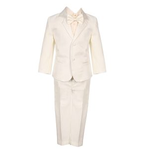 Elfenbeinfarbener fünfteiliger Baby-Jungen-Smokinganzug mit Weste, Jacke und Hose, 3–24 Monate