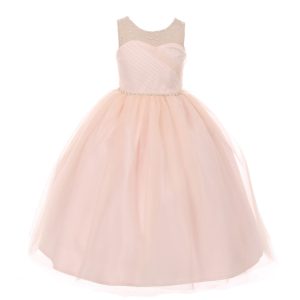 RainKids altrosa Blumenmädchenkleid mit transparenten Details, Perlen und Strass, Größen 2–6