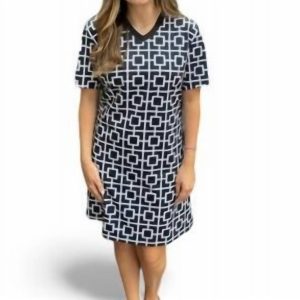 Vneck Kleid – geometrisches Muster, Schwarz, Weiß, Strick