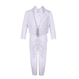 Weißer fünfteiliger Baby-Jungen-Smokinganzug mit Weste, Jacke und Hose, 3–24 Monate
