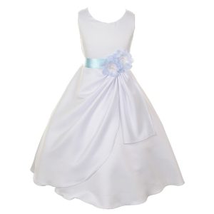 Festliches Mädchenkleid aus mattem Satin mit Paillettenblumen – Weiß/Blau, 2–6