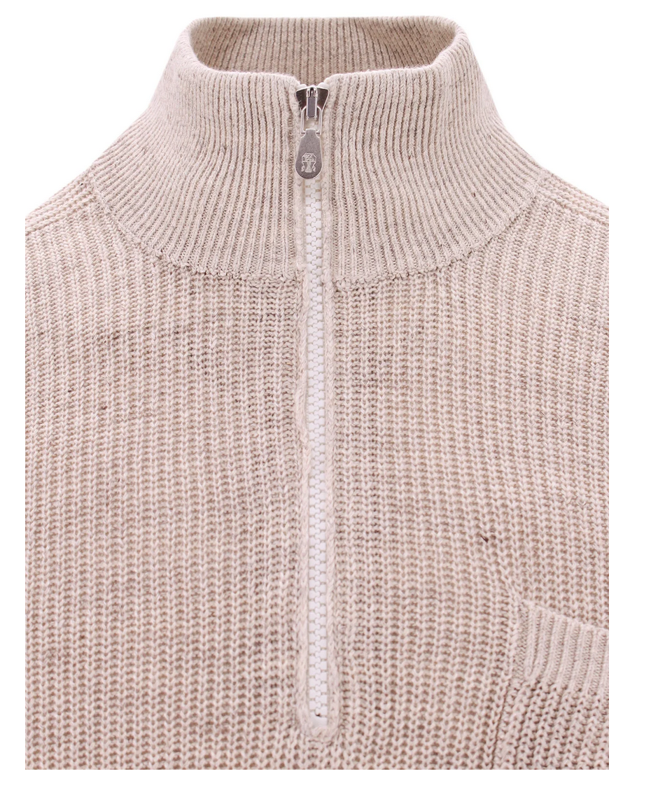 Brunello Cucinelli Herren-Pullover mit halblangem Reißverschluss in Beige