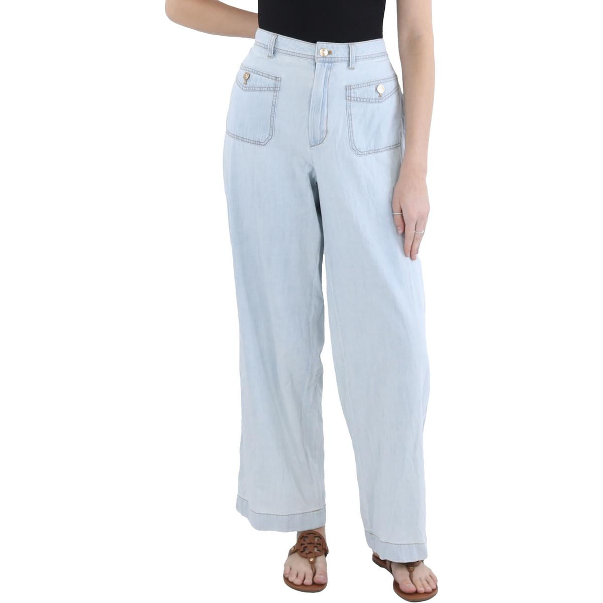 Patch Jeans – helle Waschung, weite Beine, Taschen