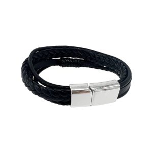Versilbertes mehrreihiges schwarzes Lederarmband mit Magnetverschluss