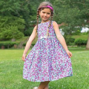Ärmelloses Mädchen-Sommerkleid aus Baumwolle mit kleinem Blumenprint und Schleife, Größen 2–14