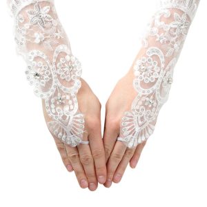 Weiße fingerlose Mädchen-Handschuhe aus Spitze und Netzstoff mit transparenten Perlen für Kommunion und Blumenmädchen