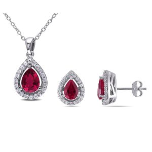 Mimi & Max Set aus Halskette und Ohrringen mit synthetischen Rubinen und weißen Saphiren aus Sterlingsilber, 4 7/8 ct TGW