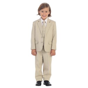 Jewels & Gents khakifarbener fünfteiliger Baby-Jungen-Anzug mit Jacke, Weste, Hemd, Krawatte und Hose, 6–24 Monate