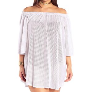 Off The Shoulder Strandtunika – große Größen, Weiß