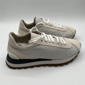Brunello Cucinelli Damen-Sneaker aus Nylon und Veloursleder in Weiß/Verde Militare