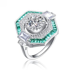 Moderner Ring aus weißgoldplattiertem Sterlingsilber mit Zirkonia im Baguette- und Rundschliff