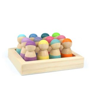 12 kleine Holz-Steckfiguren mit Tablett in Pastellfarben
