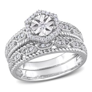Mimi & Max 1/4ct TDW Hexagon Brautring-Set – Sterlingsilber, Diamant, Halo-Besatz