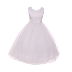 Weißes Kleid für junge Brautjungfern aus Tüll mit Satinbindegürtel und Schleife, Größen 8–14