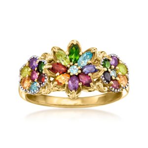 Ross-Simons floraler Ring mit verschiedenen Edelsteinen aus mit 18 kt Gold vergoldetem Sterlingsilber