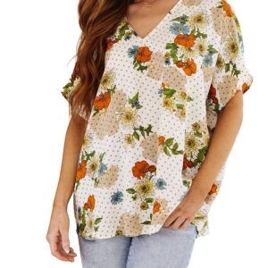 Good Morning Bluse – Blumenmuster, V-Ausschnitt, Weiß