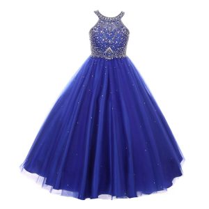 Glanzvolles Mädchen-Festkleid aus Tüll mit Neckholder und Perlenbesatz, Größe 6