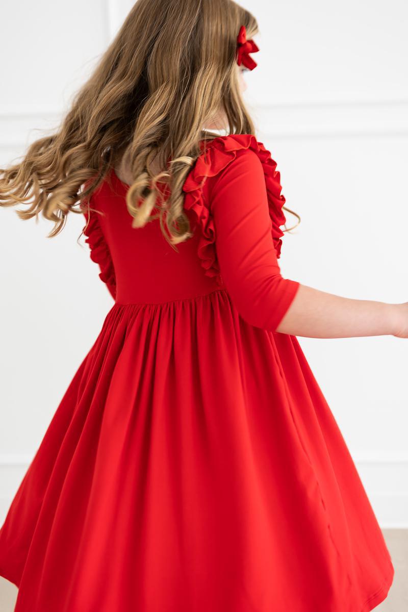 3/4 Kleid mit schwingendem Rock – Rüschen, Rot