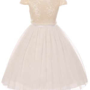Elfenbeinfarbenes Junior-Brautjungfernkleid aus Tüll mit Pailletten für Mädchen in großen Größen, Größe 16,5