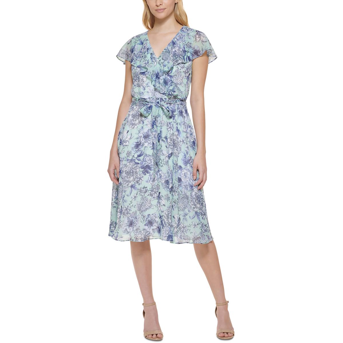 Kleid – tailliert mit ausgestelltem Rock, Chiffon, Kurzgröße, Blumenmuster