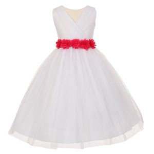 Weiß-fuchsiafarbenes Blumenmädchenkleid aus Tüll mit Chiffon-Blumenbindegürtel, Größen 2–6