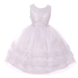 Weißes Blumenmädchenkleid aus Organza mit Pailletten und Spitze, Größen 2–6