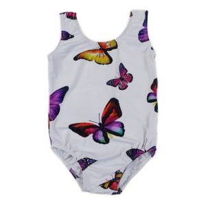 Weiß-lila Mädchen-Lycra-Turnanzug mit Schmetterlingsdruck, S (9–24 M)–XL (6–8)